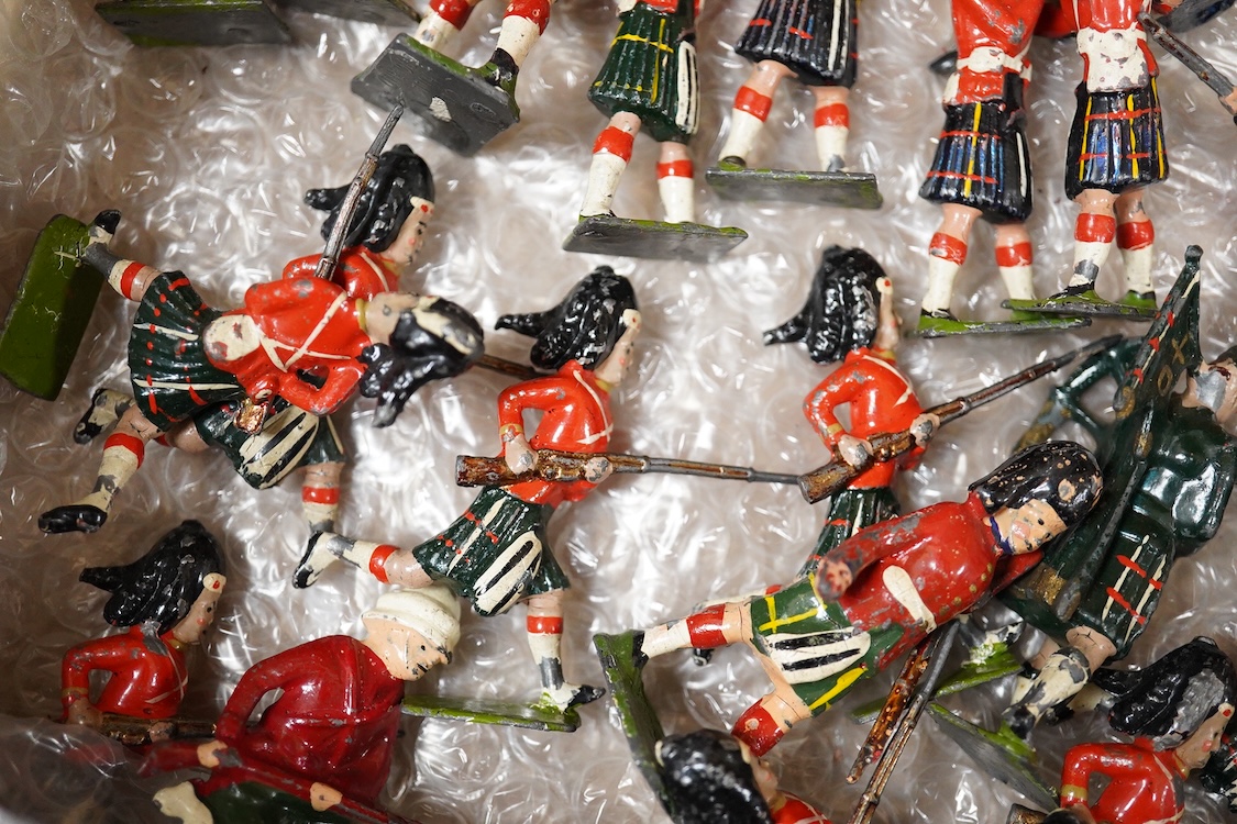 A collection of lead soldiers by Britains, etc. including Scottish Highlanders, together with a number of diecast military aircraft and a boxed Schuco Telesteering Car 3000